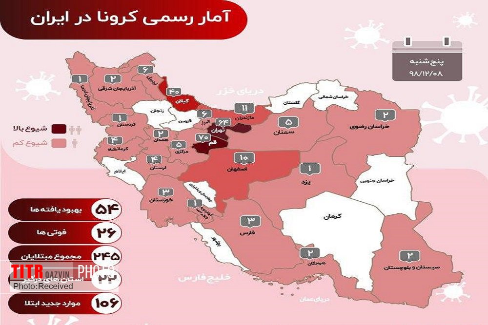جدیدترین آمار رسمی کرونا در ایران (1398/12/08)